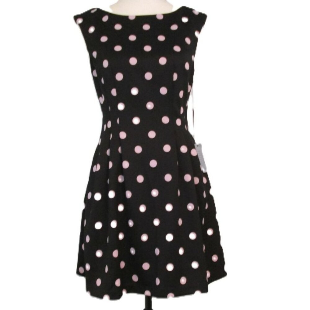 NWT Vince Camuto Polka Dot Black Blush Pink A Line Dress Pockets Size 10 Petite